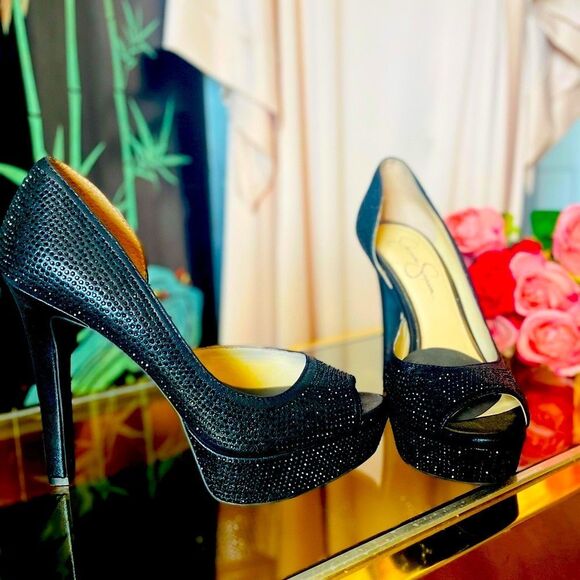 ♥️ Jessica Simpson Black Rhinestone Peep-Toe d’Orsay Pumps - Picture 1 of 13